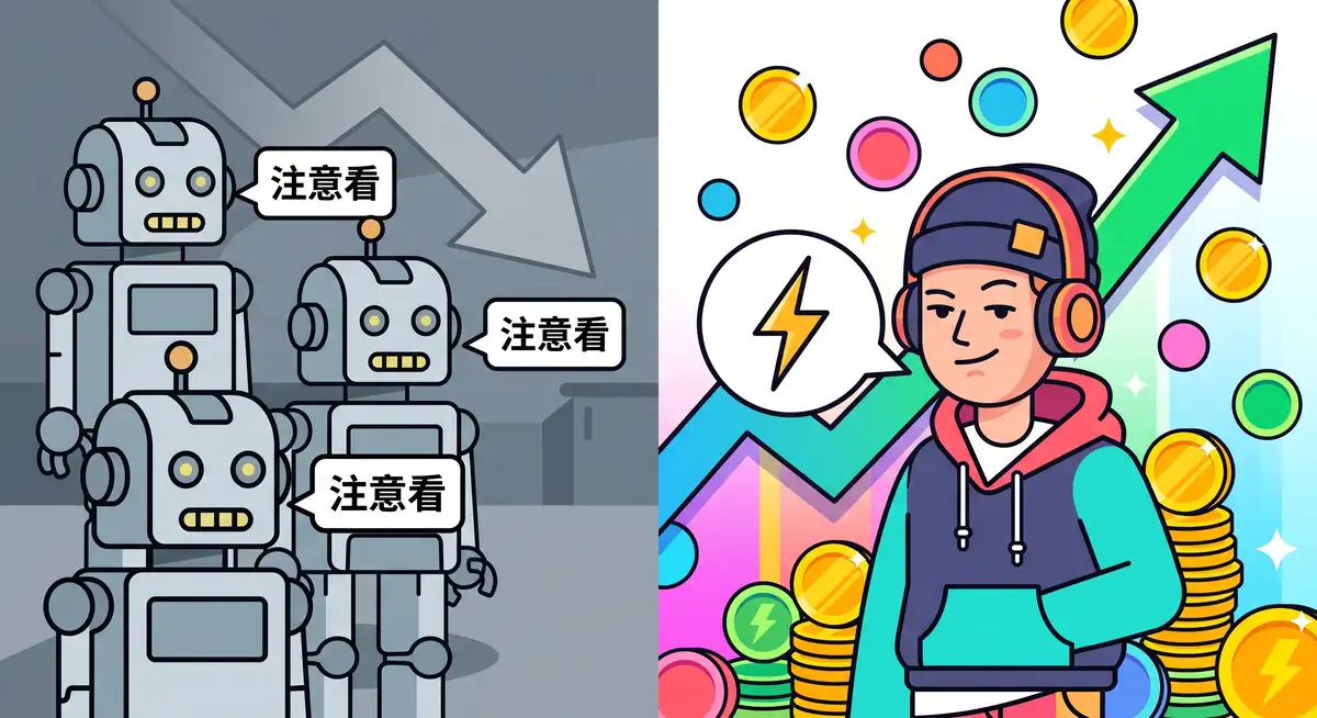 一张对比图：左侧是大量同质化、无人问津的流水线解说视频；右侧是高播放量、弹幕密集的另类视角动漫解说视频