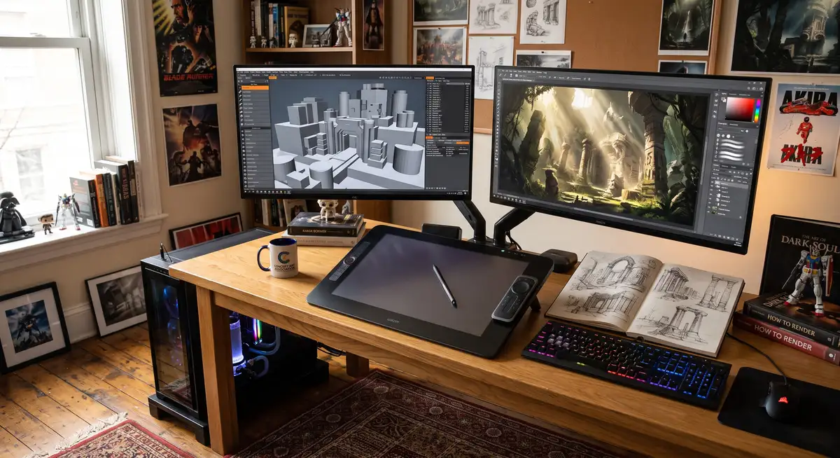 概念艺术家Eytan Zana使用Photoshop与3D软件进行高级影视级场景设计的实操界面展示