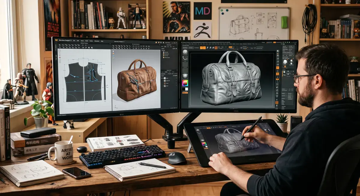 3D艺术家在电脑前使用Marvelous Designer和ZBrush制作高精度皮革行李袋的建模与渲染界面