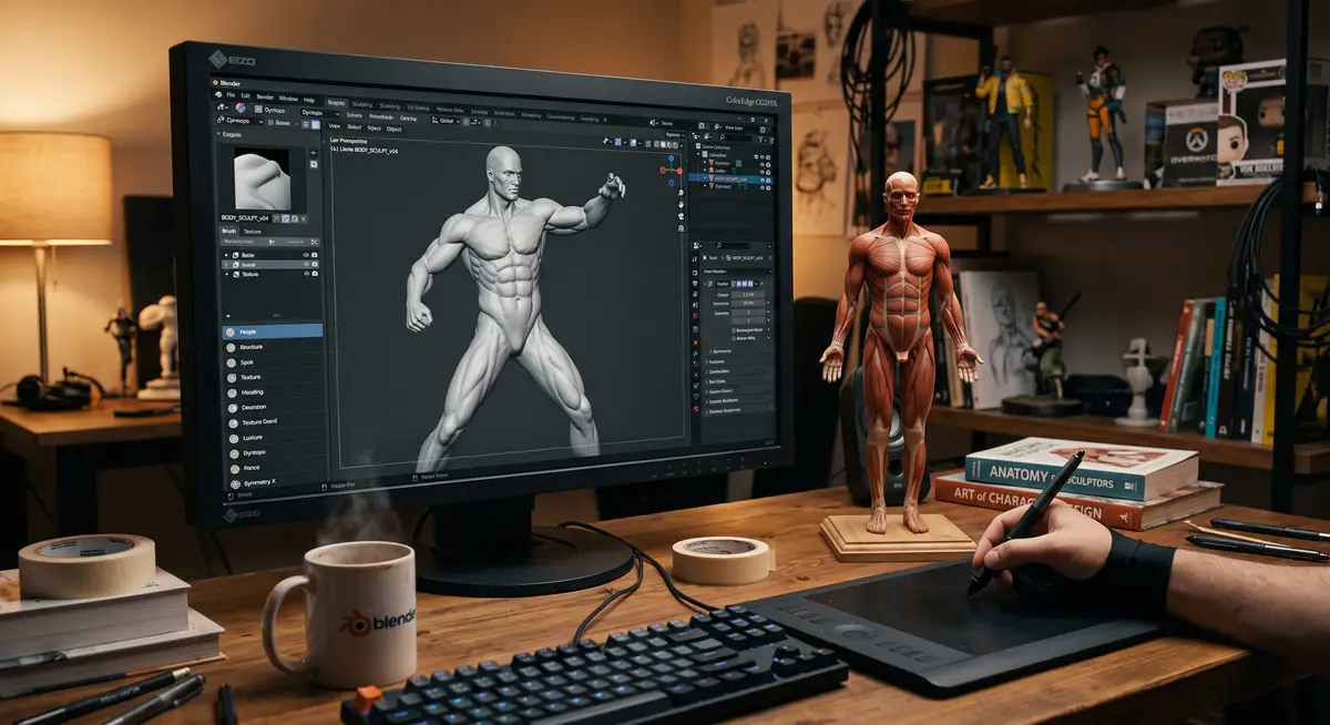 3D艺术家在电脑前使用Blender软件进行高精度的男性人体肌肉与解剖结构雕刻