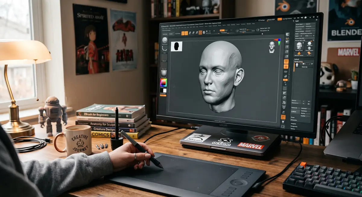 3D初学者在电脑前使用数位板学习ZBrush基础界面与数字模型雕刻