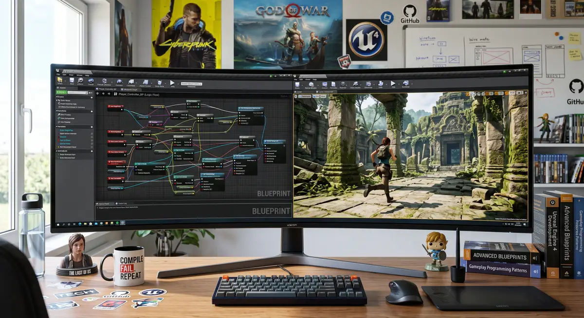 电脑屏幕上显示着Unreal Engine 4蓝图编辑器界面与一个类似《神庙逃亡》的3D无尽跑酷游戏测试场景