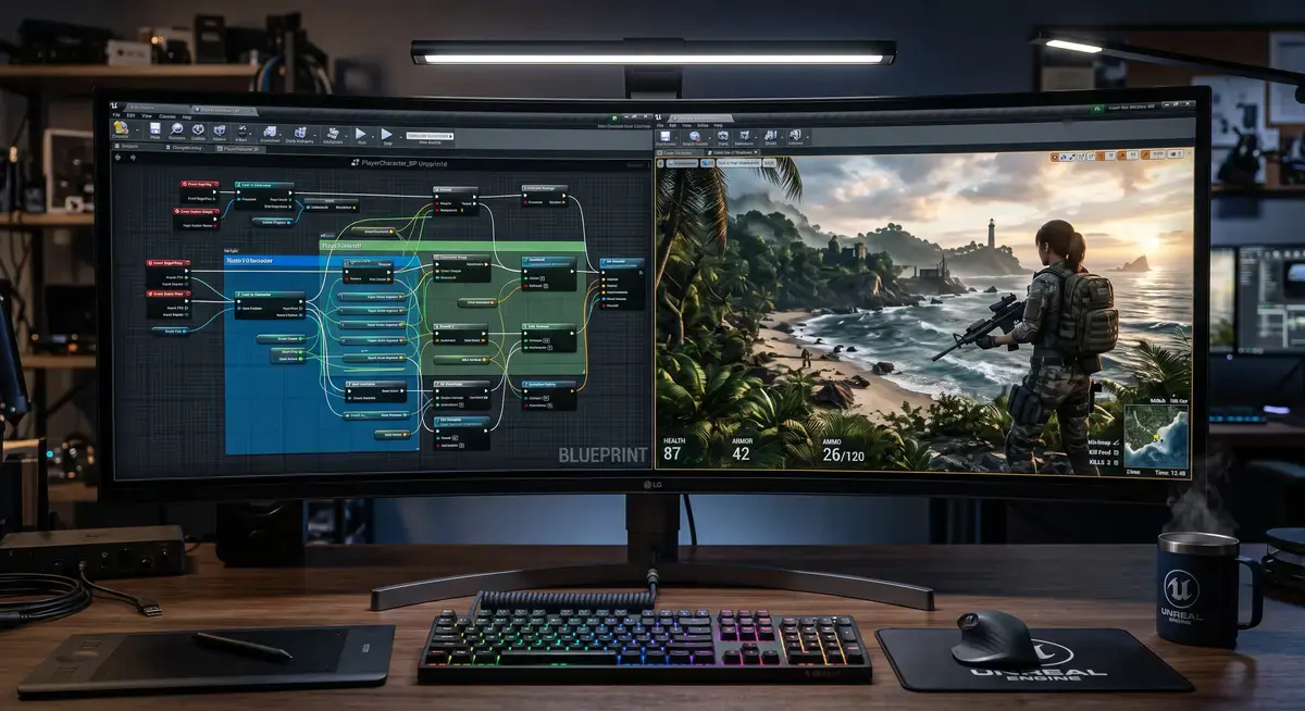 电脑屏幕上显示着Unreal Engine 4复杂的蓝图节点连线与大逃杀游戏跳伞降落的3D测试场景-1
