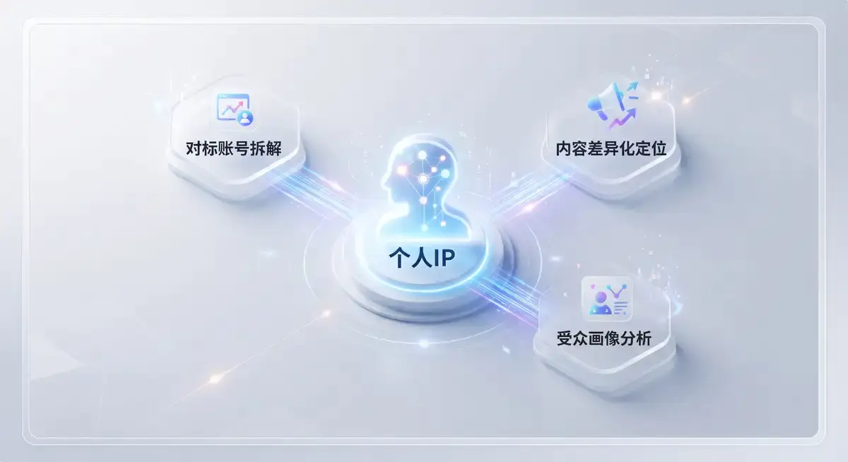一张展示新媒体IP定位逻辑与寻找优质对标账号维度拆解的3D结构图