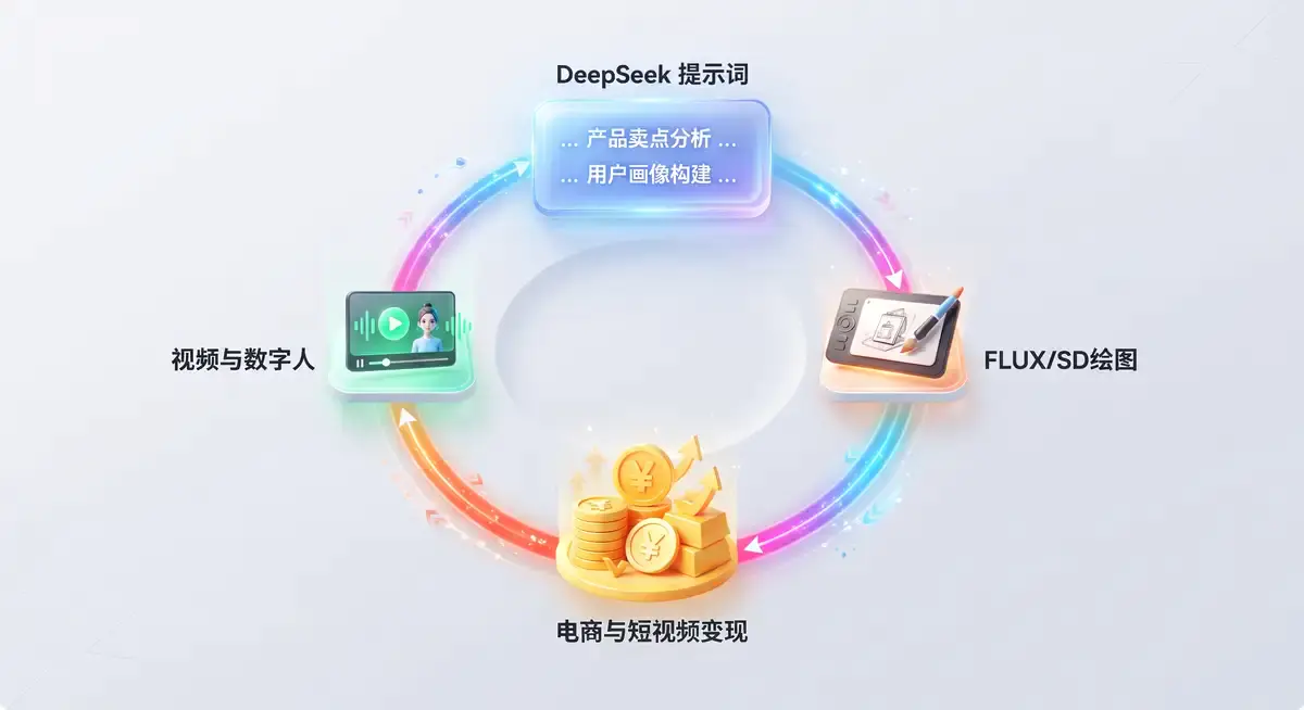 一张展示AI内容创作闭环的3D结构图,从大语言模型的提示词输入,流转到图像生成、视频转化、音频克隆,最终输出为成片
