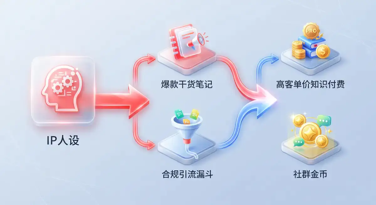 一张极简的3D商业图解,展示了从小红书账号定位、高转化图文内容,到私域引流与知识付费产品的完整商业闭环