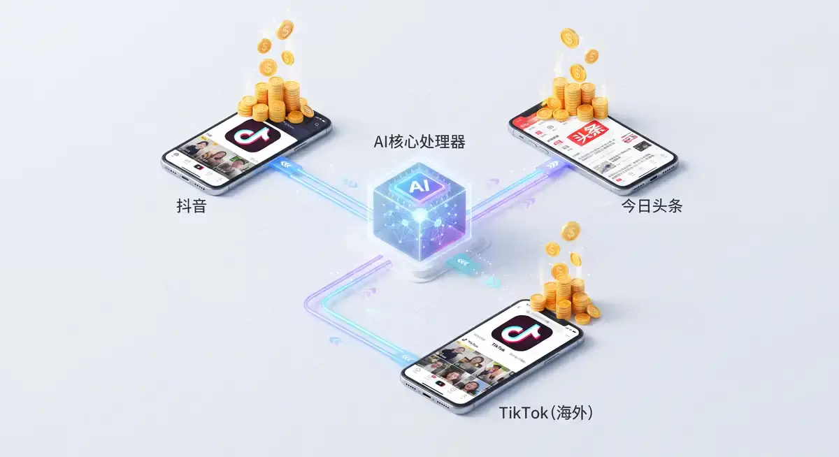 一张3D等距商业流程图,展示了从源头素材经过AI剪辑处理后,一键分发至抖音、今日头条与海外TikTok三个平台的高效工作流