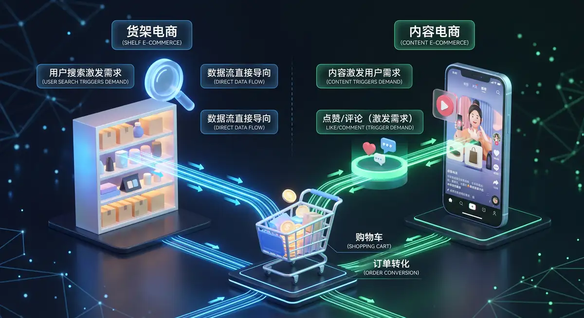 一张清晰的3D等距商业图解，对比展示了货架电商的『搜索→成交』漏斗与内容电商的『种草→激发需求→成交』链路模型
