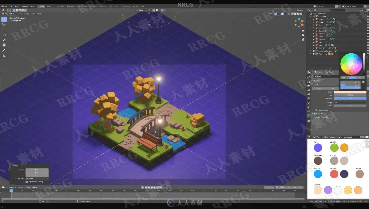 设计师在双屏电脑前使用Blender软件进行3D卡通风格人物与场景的高精度渲染与建模6