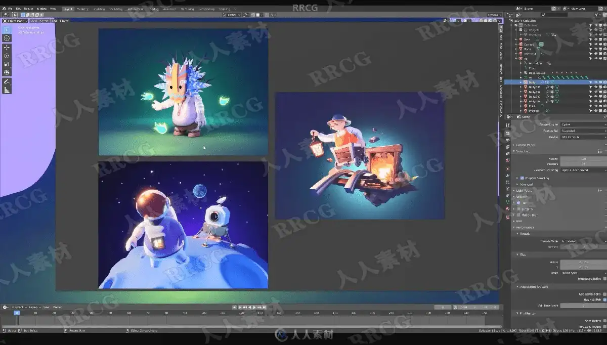 设计师在双屏电脑前使用Blender软件进行3D卡通风格人物与场景的高精度渲染与建模9