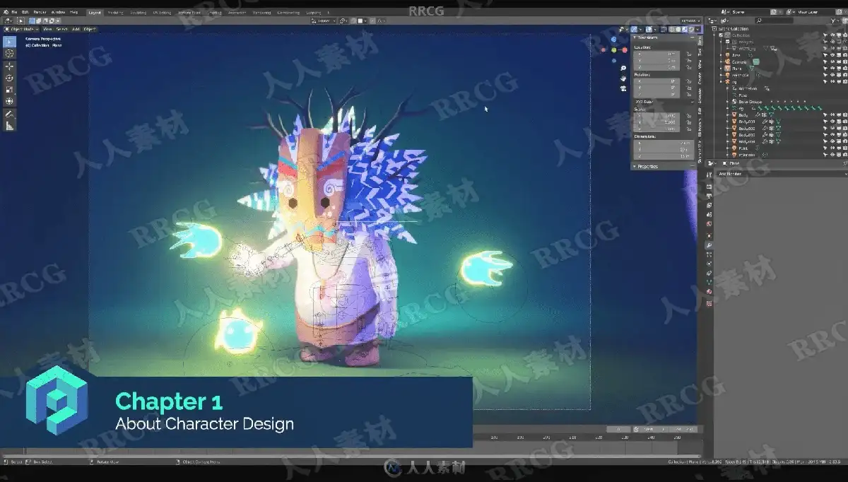 设计师在双屏电脑前使用Blender软件进行3D卡通风格人物与场景的高精度渲染与建模9