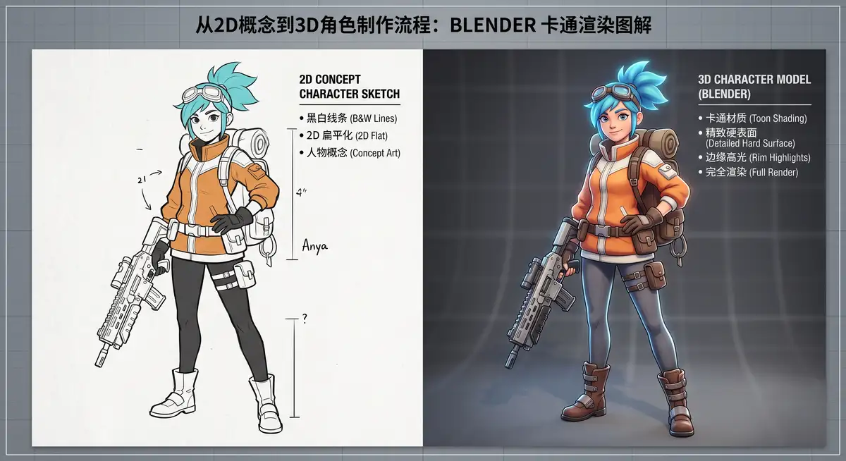 一张对比图解，左侧是单调的2D扁平化人物草图，右侧是通过Blender渲染出的色彩丰富、极具立体感与光影层次的3D卡通人物模型