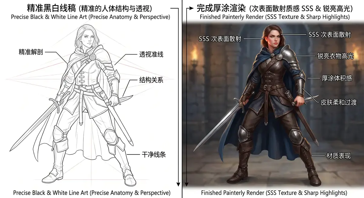 一张展示数字绘画流程的3D对比图解。左侧是干净利落的人物结构线稿,右侧则是通过多图层渲染完成、光影极其细腻的CG同人插画成品