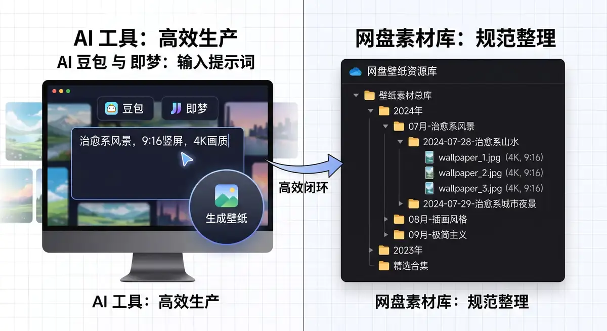 创作者在智能手机与电脑前使用即梦AI批量生成动态壁纸,屏幕展示夸克网盘拉新后台不断上涨的拉新收益数据2
