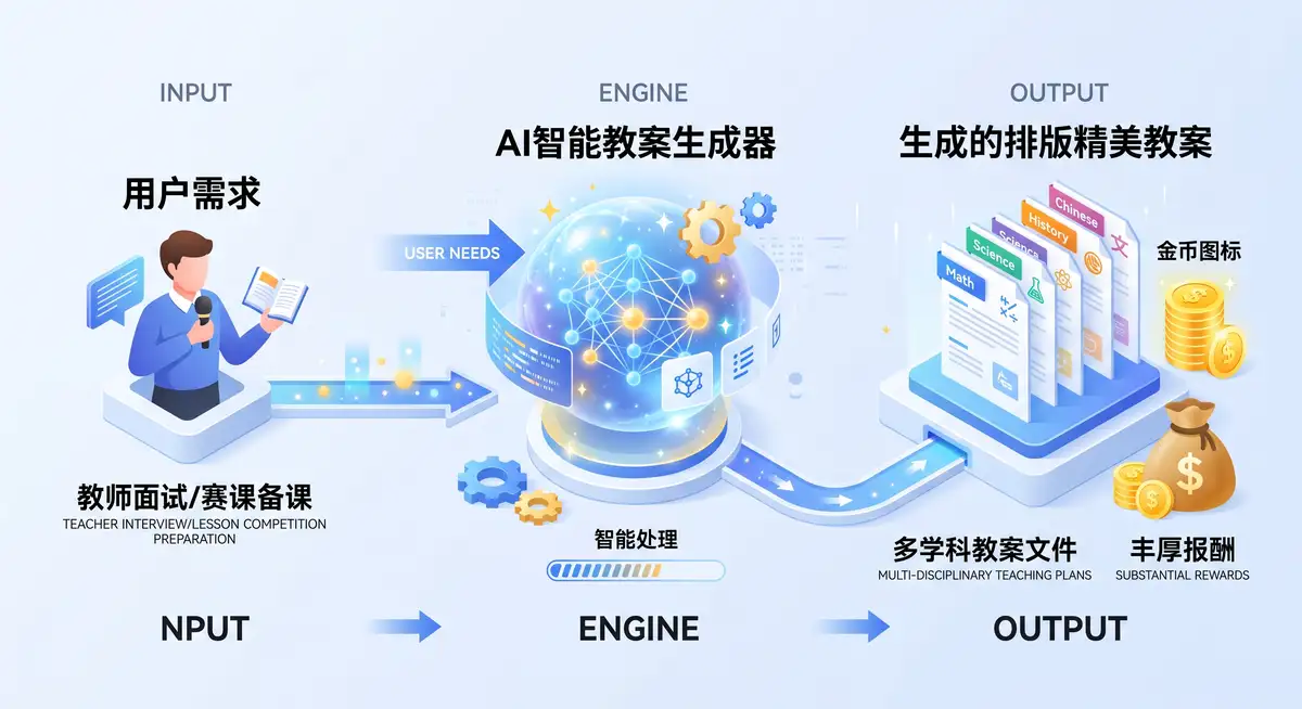 副业操盘手在电脑前使用AI工具一键生成精美详尽的教师教案与教学设计，屏幕显示收益报表2