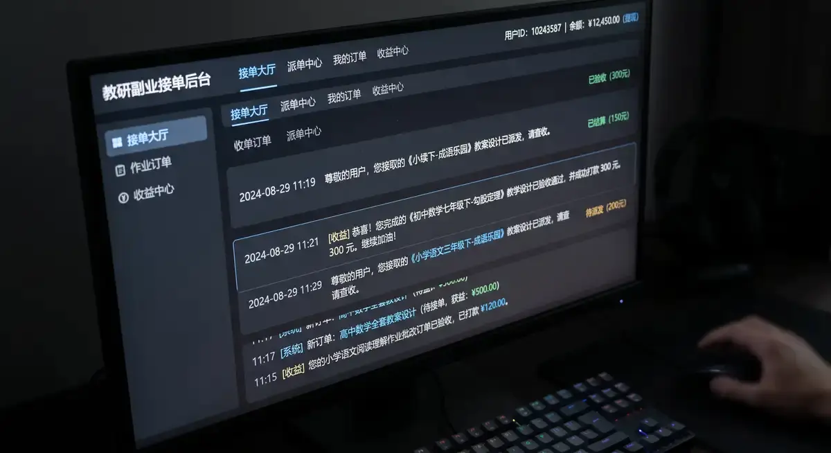 副业操盘手在电脑前使用AI工具一键生成精美详尽的教师教案与教学设计,屏幕显示收益报表3