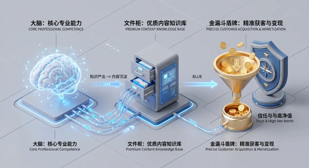 高认知专业人士在明亮的工作室前，使用电脑梳理个人IP定位与商业变现矩阵图表2
