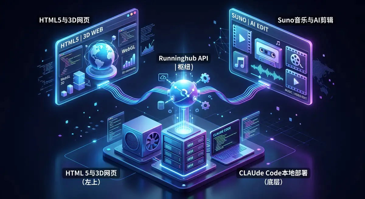 独立开发者在双屏工作站前使用Claude Code编写3D交互网页代码,同时运行AI音频与视频渲染界面2