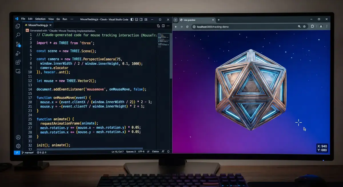 独立开发者在双屏工作站前使用Claude Code编写3D交互网页代码,同时运行AI音频与视频渲染界面3