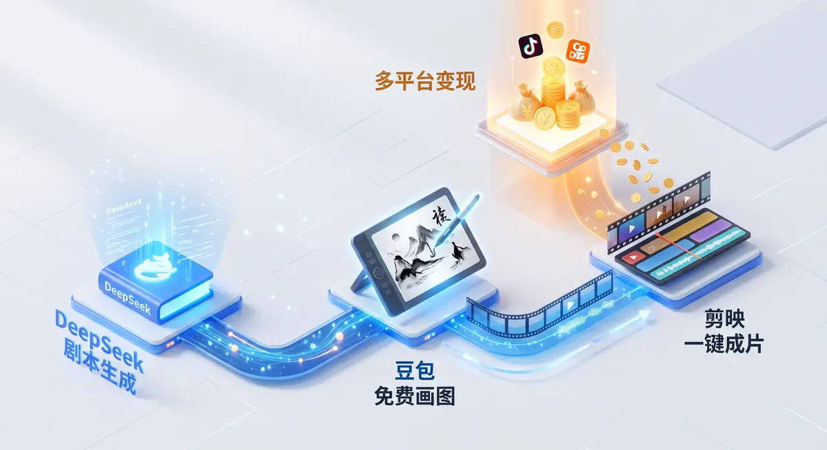 创作者在手机与电脑上使用DeepSeek与豆包生成国风民间故事脚本与水墨风插画，屏幕旁展示着抖音创作者收益数据2