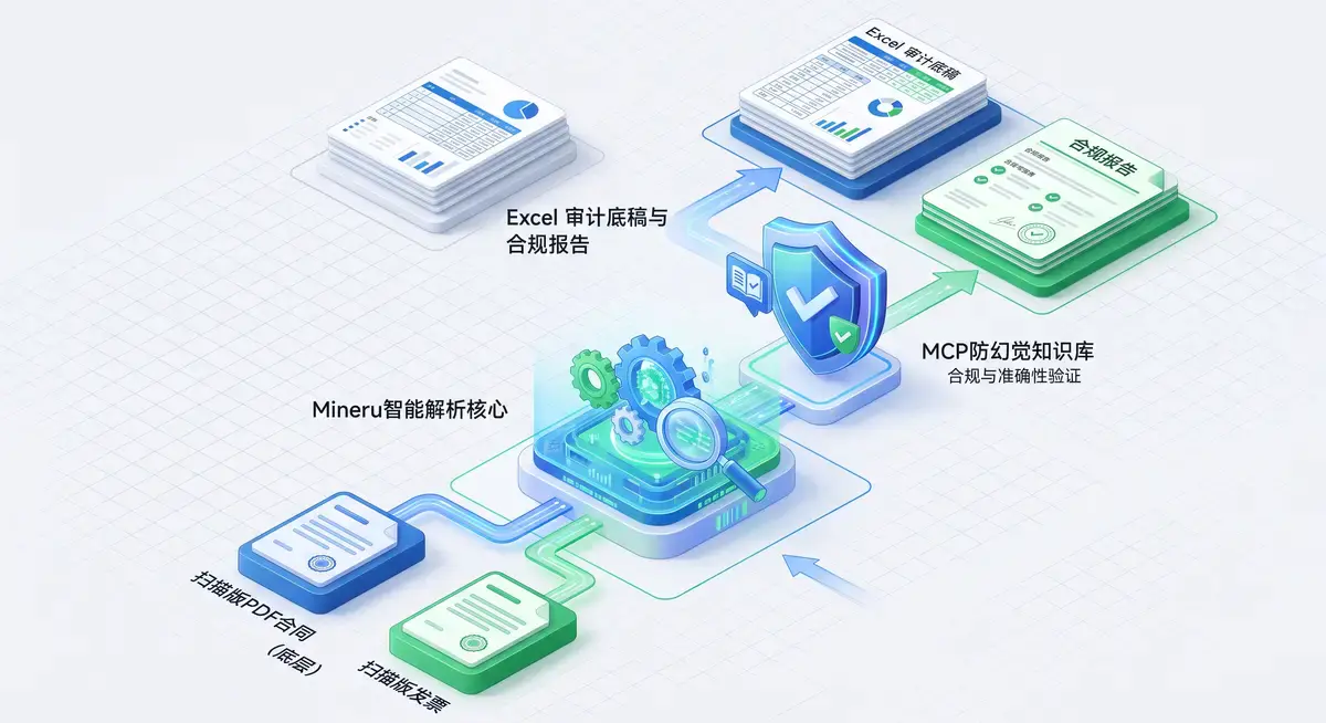 财务审计人员在多屏工作站前运行AI Agent智能体,屏幕清晰显示着自动提取的发票数据与自动合并后的Excel审计底稿2