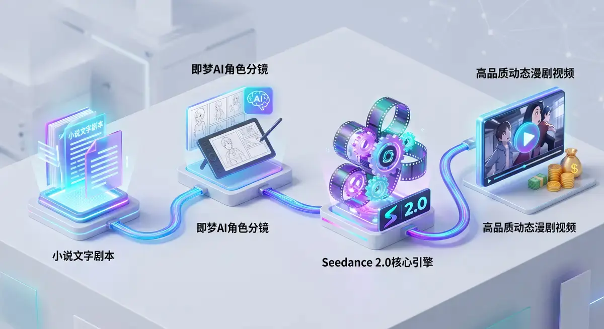 创作者在运行精简版Windows系统的高性能工作站上,使用即梦AI与Seedance 2.0生成国风仙侠题材的AI漫剧动态画面2