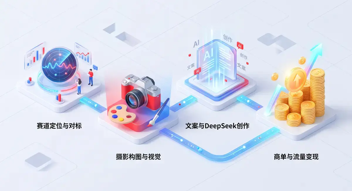 自媒体博主在温馨的书桌前使用手机和小红书后台分析爆款笔记数据与排版精美图文2