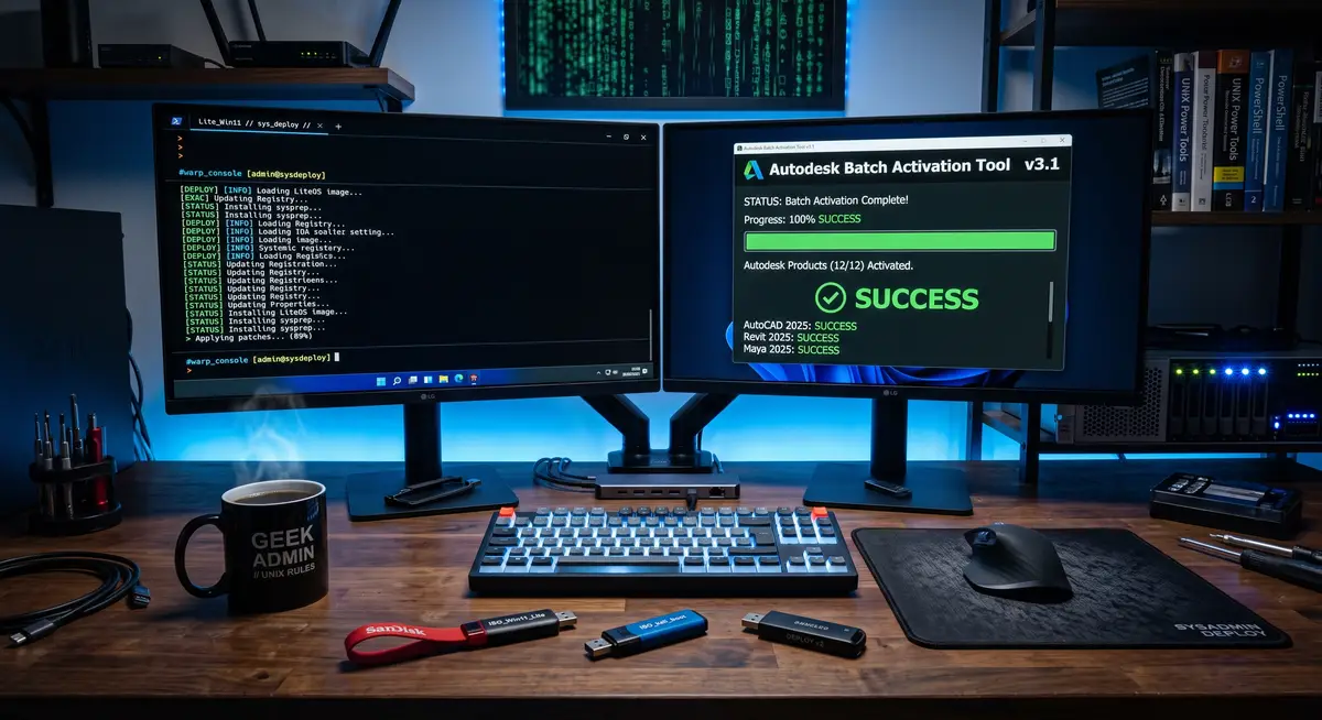 极客系统管理员在双屏工作站前运行Autodesk批量激活工具，屏幕清晰显示着本地网络服务器配置与软件成功授权的绿色提示1