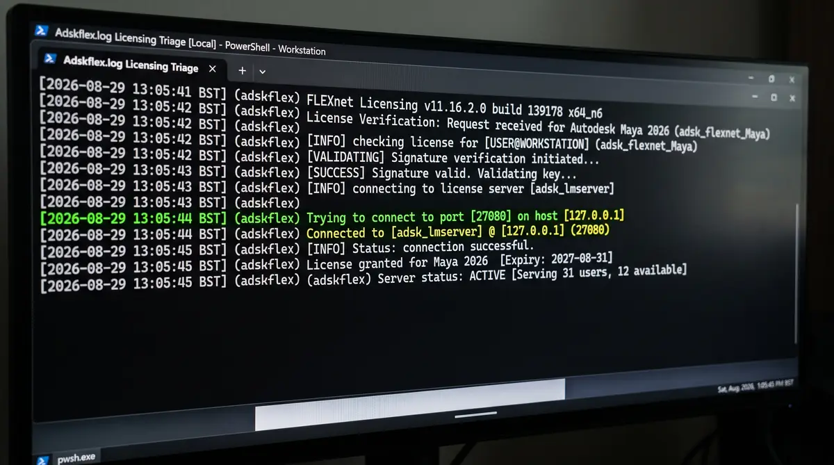 极客系统管理员在双屏工作站前运行Autodesk批量激活工具，屏幕清晰显示着本地网络服务器配置与软件成功授权的绿色提示3