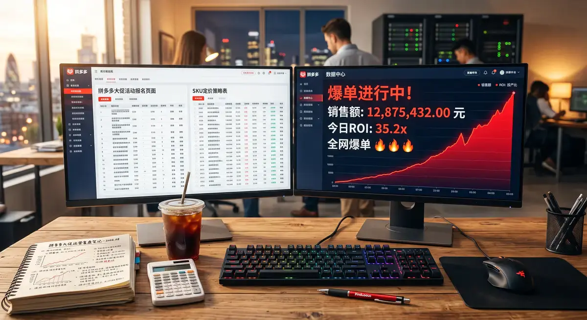 拼多多商家在工作站前查看着满屏飘红的高投产订单数据与流量起爆曲线,旁边显示着拼多多商家后台的营销工具界面1
