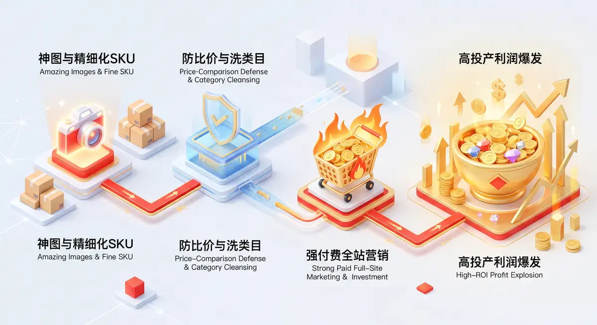 拼多多商家在工作站前查看着满屏飘红的高投产订单数据与流量起爆曲线,旁边显示着拼多多商家后台的营销工具界面2