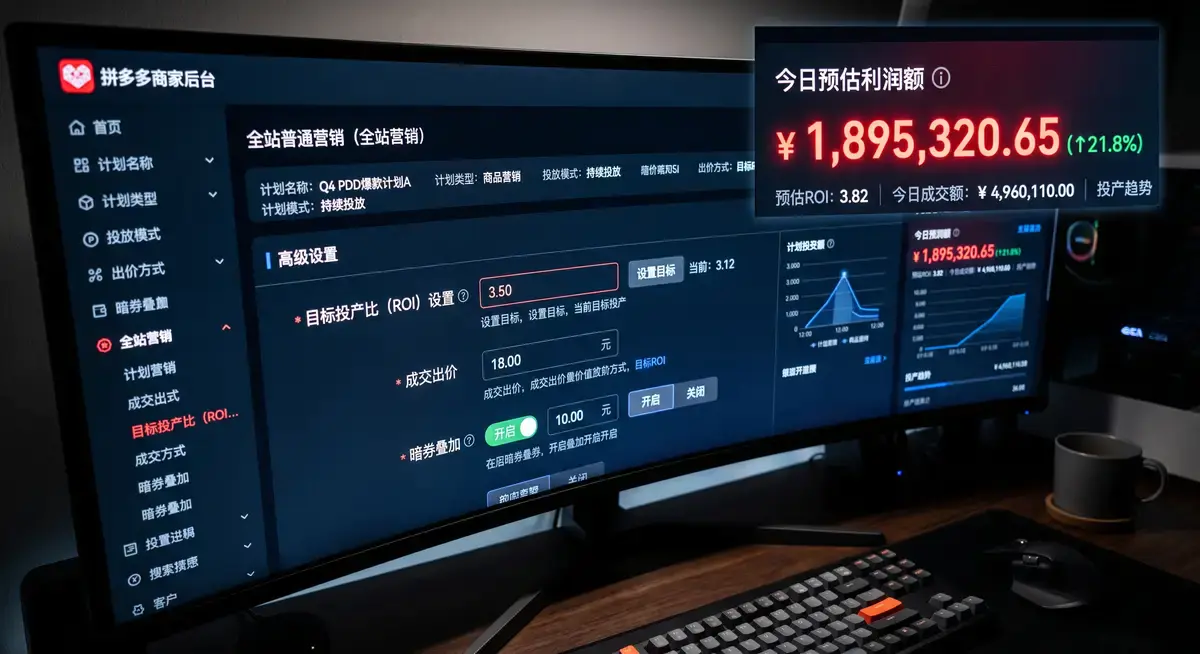 拼多多商家在工作站前查看着满屏飘红的高投产订单数据与流量起爆曲线,旁边显示着拼多多商家后台的营销工具界面3