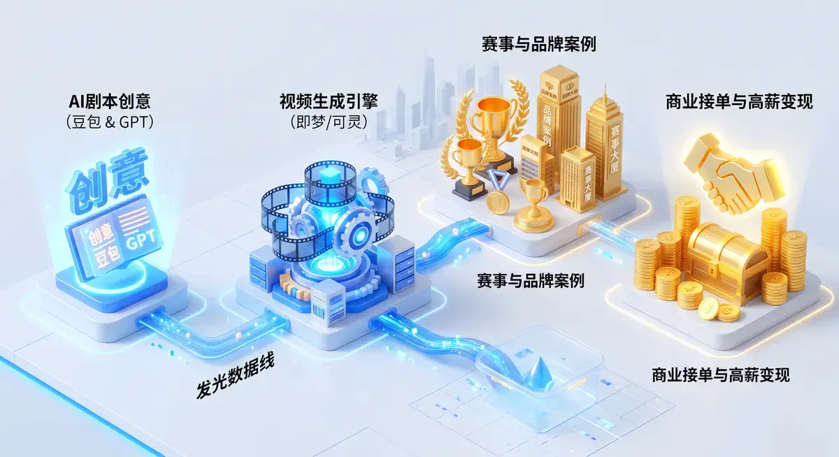 商业视频创作者在专业工作室使用即梦和可灵AI制作高质感的品牌广告短片,屏幕显示商业接单报价单2