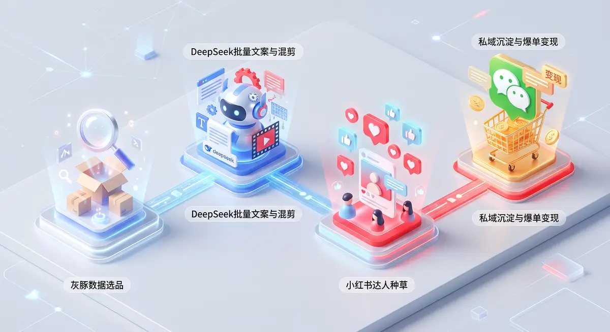 电商运营人员在电脑前使用DeepSeek批量生成小红书爆款标题，屏幕旁显示着小红书店铺后台的爆单数据报表2