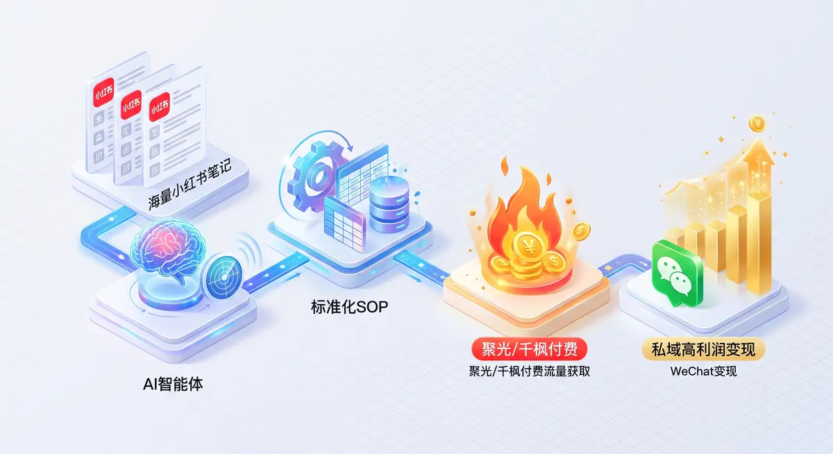 电商团队负责人在办公室通过多屏工作站查看小红书AI智能体自动生成的爆文SOP与高转化私域引流数据报表2