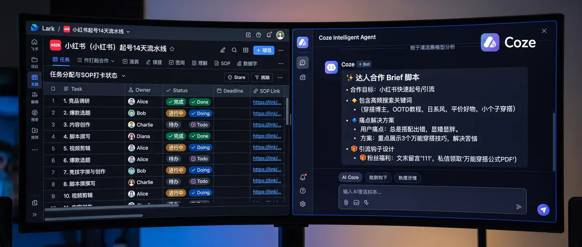 电商团队负责人在办公室通过多屏工作站查看小红书AI智能体自动生成的爆文SOP与高转化私域引流数据报表3