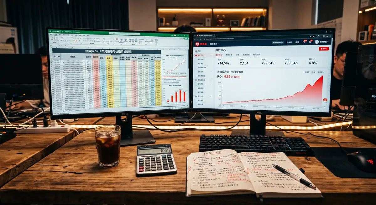 拼多多电商操盘手在电脑前分析微付费与强付费的投产比(ROI)数据图表,屏幕显示精准的切车调优与放量操作界面1