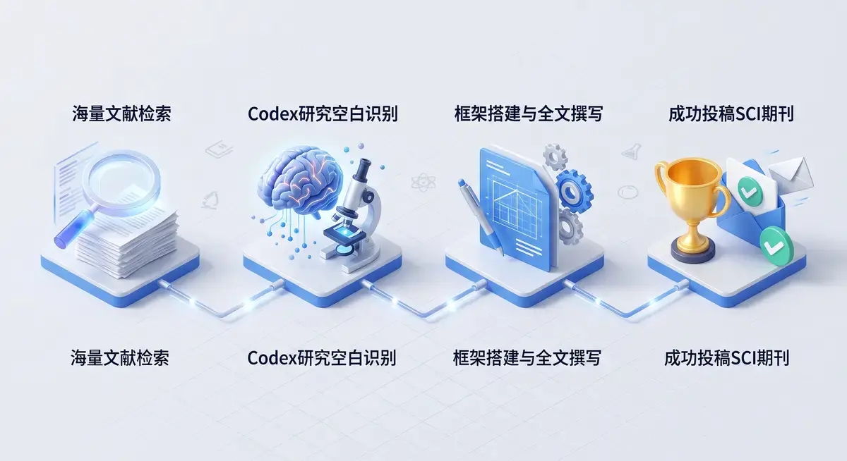 科研学者在实验室电脑前使用Codex与Zotero软件进行SCI文献综述的AI辅助写作,屏幕显示着文献分析图表与润色好的英文手稿2