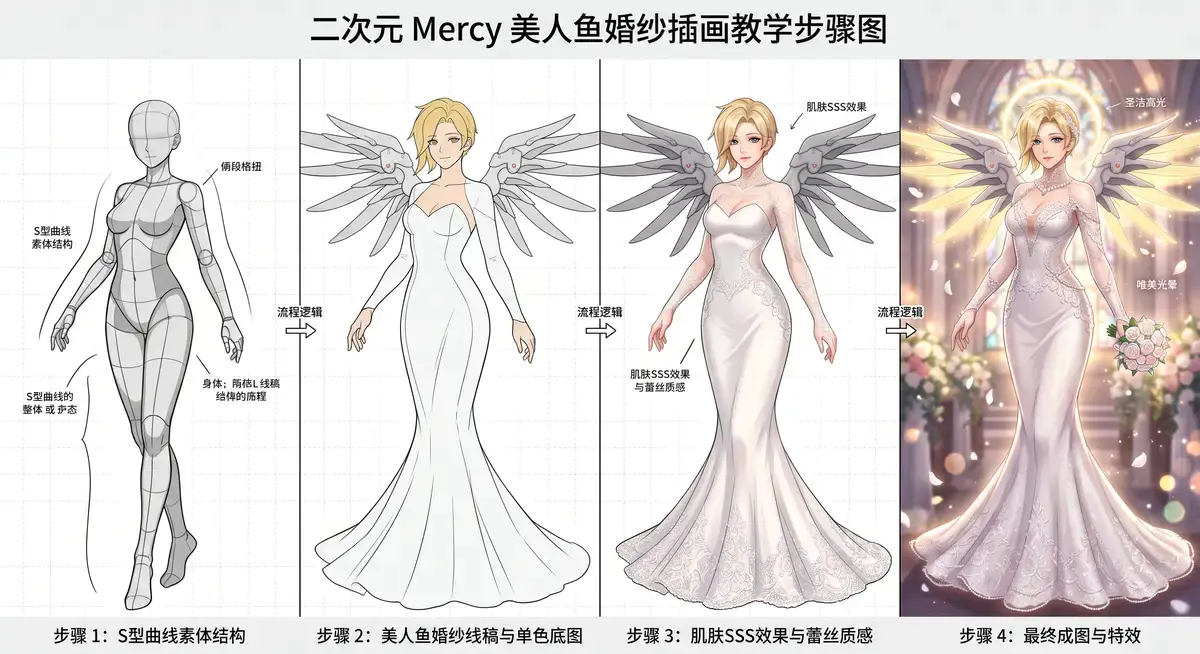 资深数字原画师在专业数位屏上细致渲染守望先锋Mercy(天使)的蕾丝婚纱插画,屏幕上显示着极其逼真的半透明蕾丝质感与唯美光影2