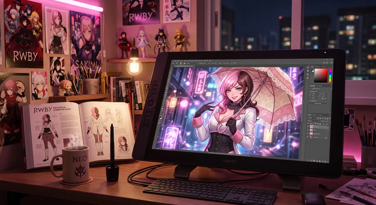 资深数字画师在高清数位屏上细致渲染《RWBY》反派角色Neo Politan（尼奥），屏幕显示着极具Sakimi Chan风格的甜美配色与邪魅神态细节1