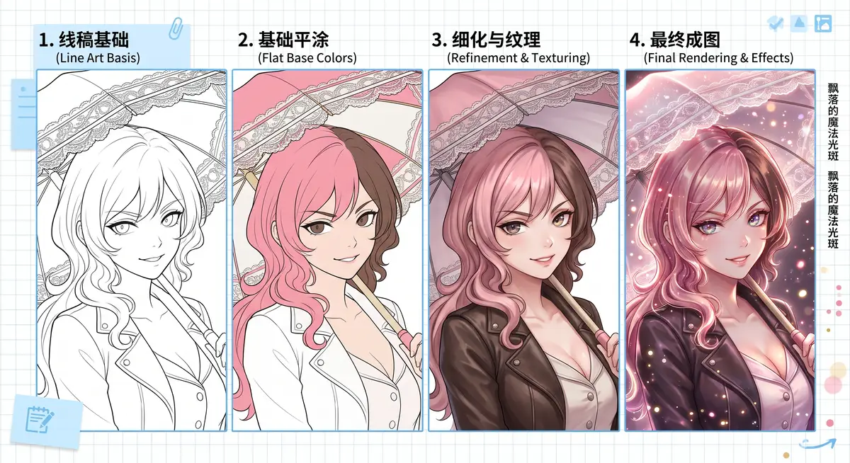 资深数字画师在高清数位屏上细致渲染《RWBY》反派角色Neo Politan（尼奥），屏幕显示着极具Sakimi Chan风格的甜美配色与邪魅神态细节2