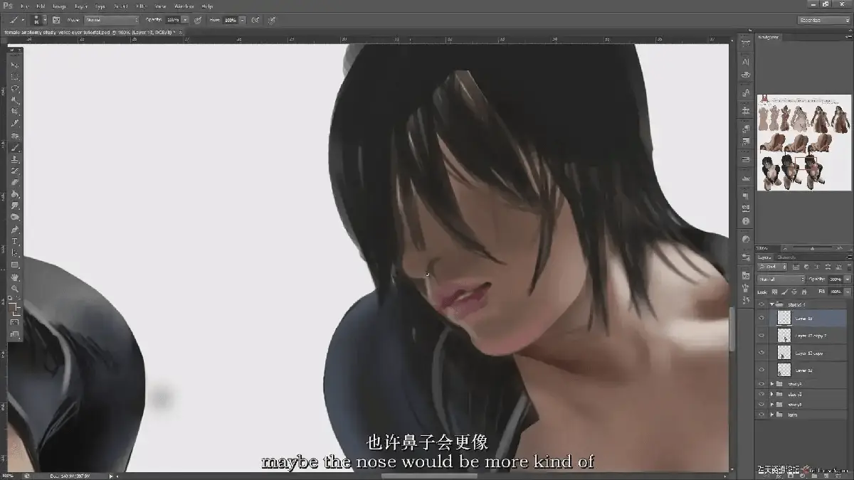 资深画师在专业数位屏前，观看 Sakimi Chan 讲解女性人体解剖学与复杂动态姿势的双语实战教程视频6