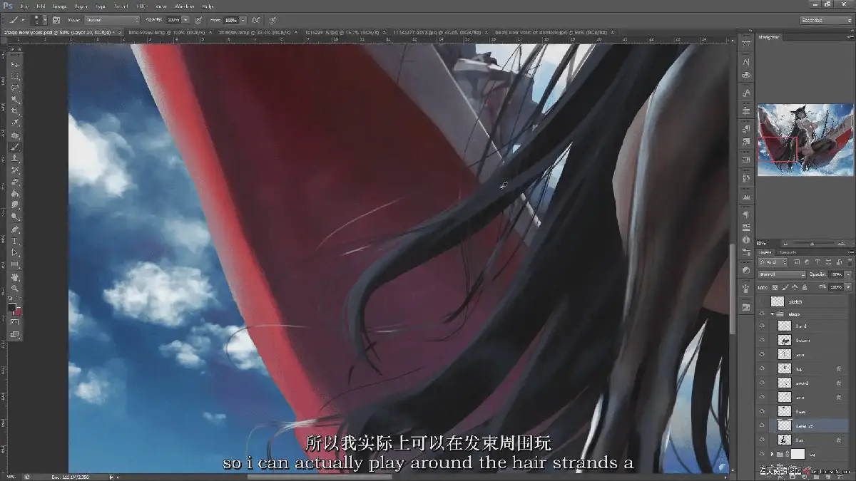 资深原画师在搭载精简版操作系统的专业数位屏前,观看Sakimi Chan讲解《碧蓝航线》爱宕的高光渲染双语教程,屏幕显示着极其细腻的二次元皮肤质感8