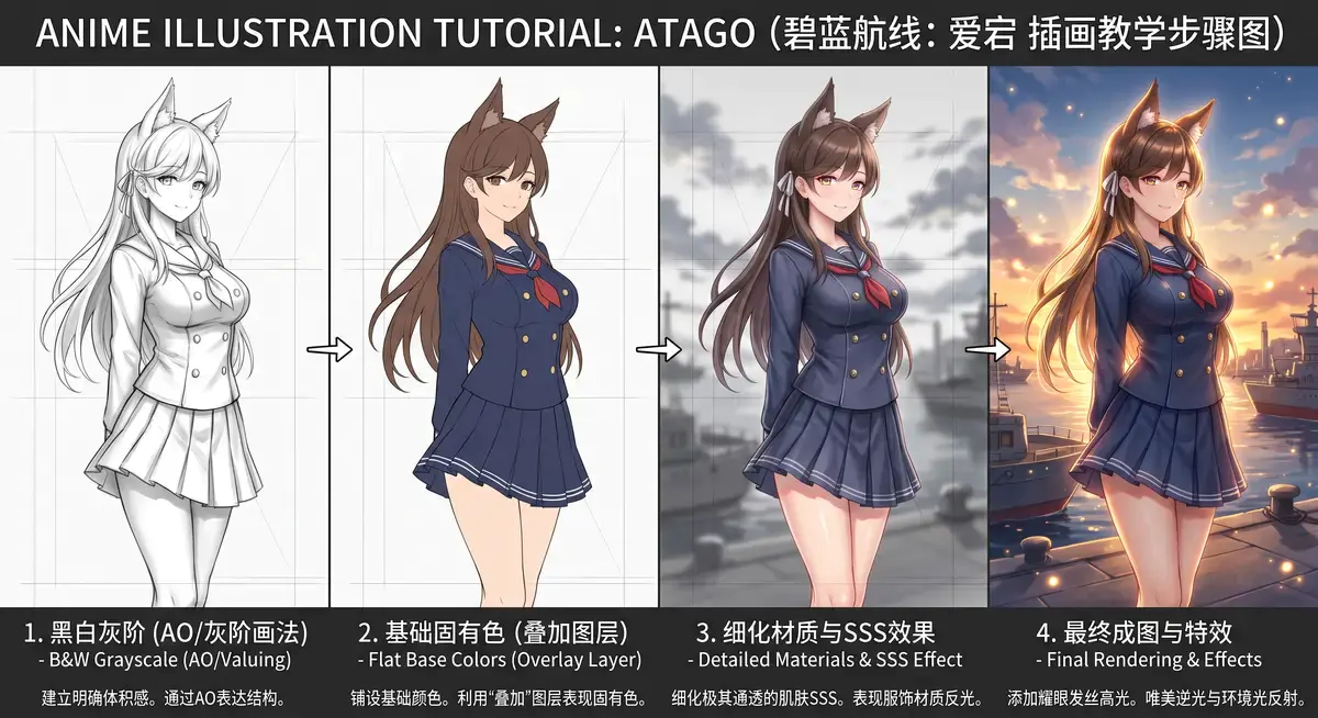 资深原画师在搭载精简版操作系统的专业数位屏前,观看Sakimi Chan讲解《碧蓝航线》爱宕的高光渲染双语教程,屏幕显示着极其细腻的二次元皮肤质感2