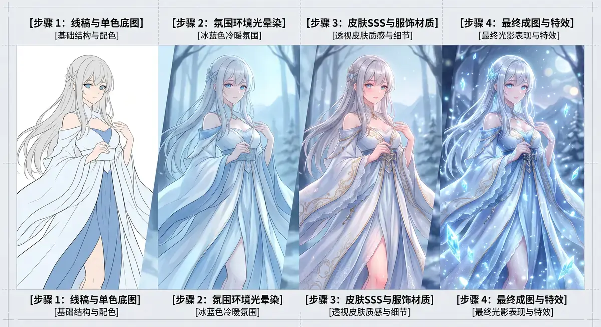 资深原画师在搭载精简版操作系统的专业数位屏前,观看Sakimi Chan讲解冰冷内衣高光渲染教程,屏幕显示着极其细腻的二次元皮肤与布料质感2