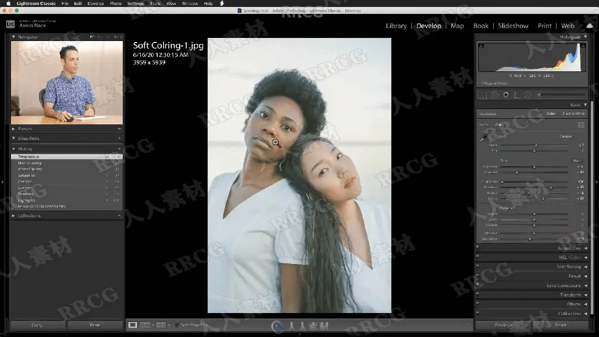 摄影师在专业显示器前使用Lightroom CC和Photoshop调整风光人像照片的柔和灯光与色彩平衡6