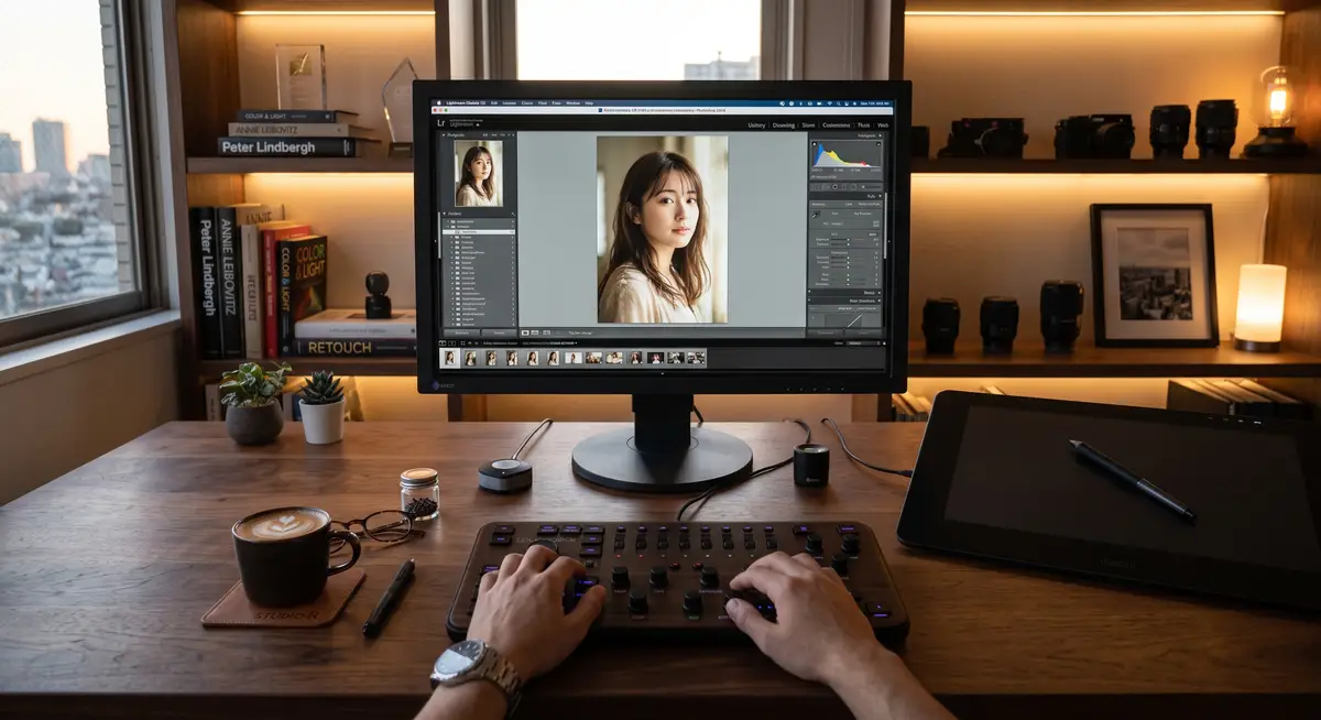 摄影师在专业显示器前使用Lightroom CC和Photoshop调整风光人像照片的柔和灯光与色彩平衡1