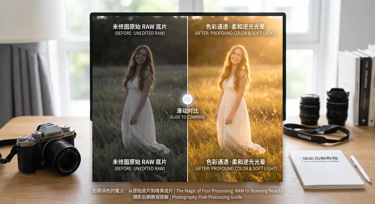摄影师在专业显示器前使用Lightroom CC和Photoshop调整风光人像照片的柔和灯光与色彩平衡2