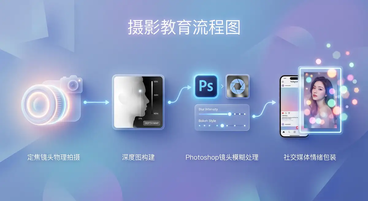 专业人像摄影师在修图工作站前，使用Photoshop精心调整人像写真的背景虚化与唯美光斑(Bokeh)效果 (2)