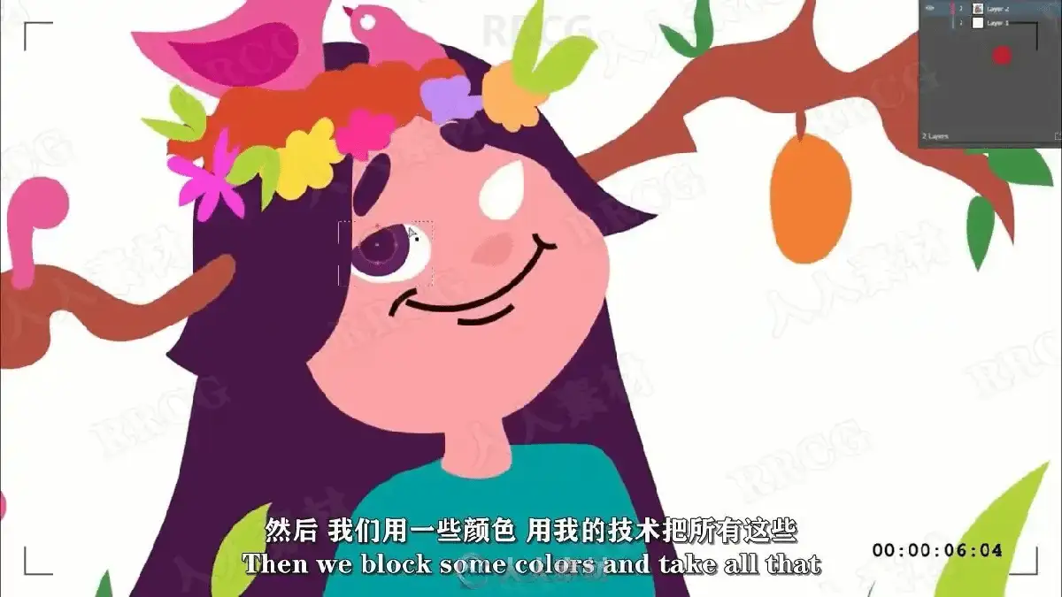 插画师在专业数位板前使用Photoshop绘制可爱平面卡通角色的草图与矢量线稿，屏幕下方显示着中英双语教学字幕5